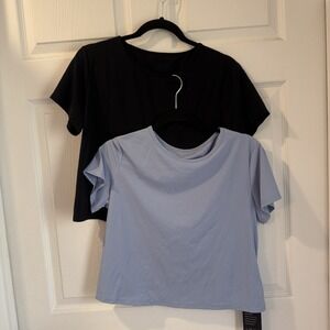 Crossover Shirt‎ blue & black Sz L Crop By Micoson Cropped With Crisscross Back